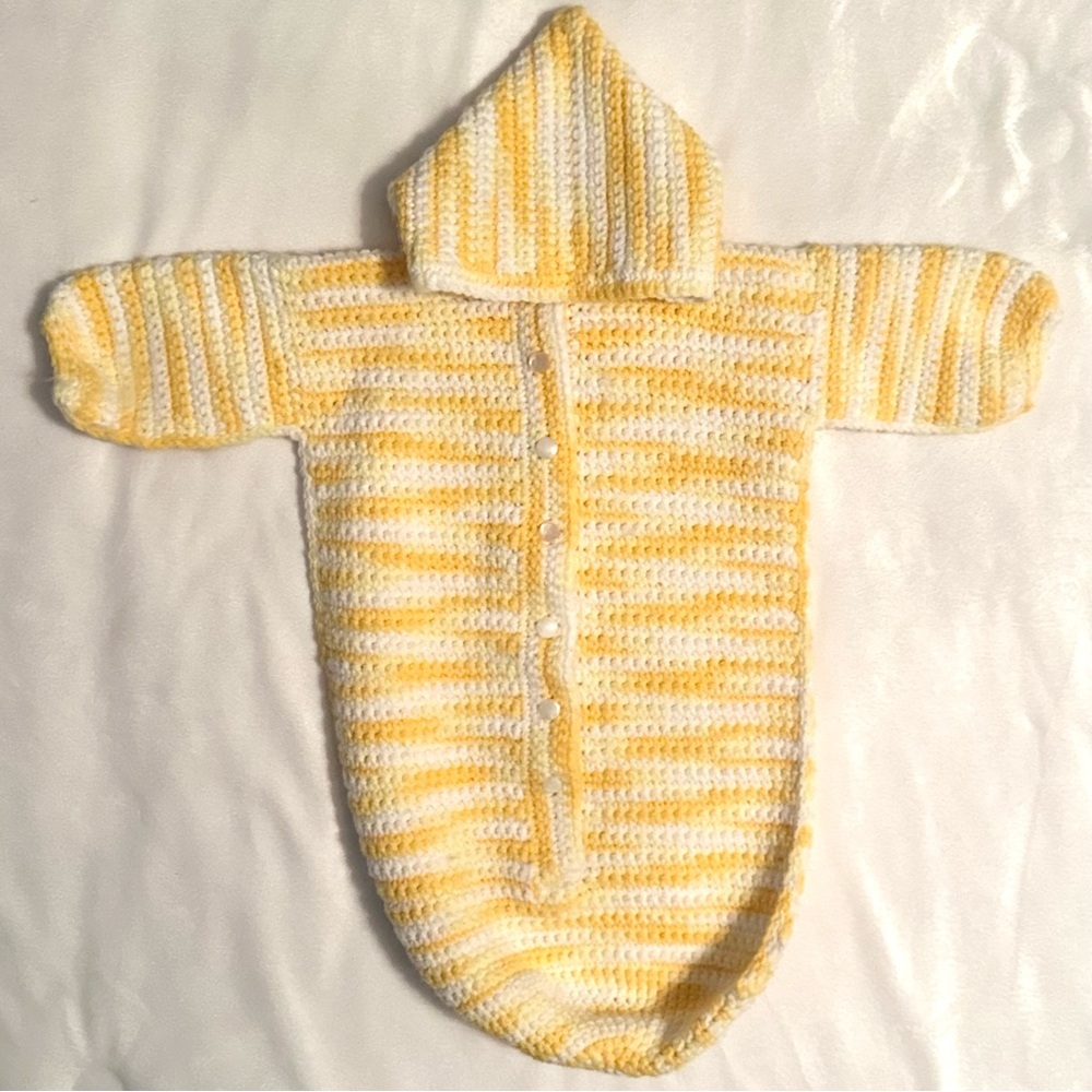 Handmade Crocheted Hooded Yellow Baby Bunting Sack Buttons Fits up to 24M Cozy